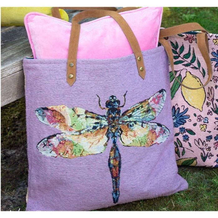 Pirkinių krepšys VERELLE – pirkinių krepšys moterims, talpus, smėlio ir violetinė su gėlių raštu : dizaino studija follow11.lt – Jovita Bingelytė