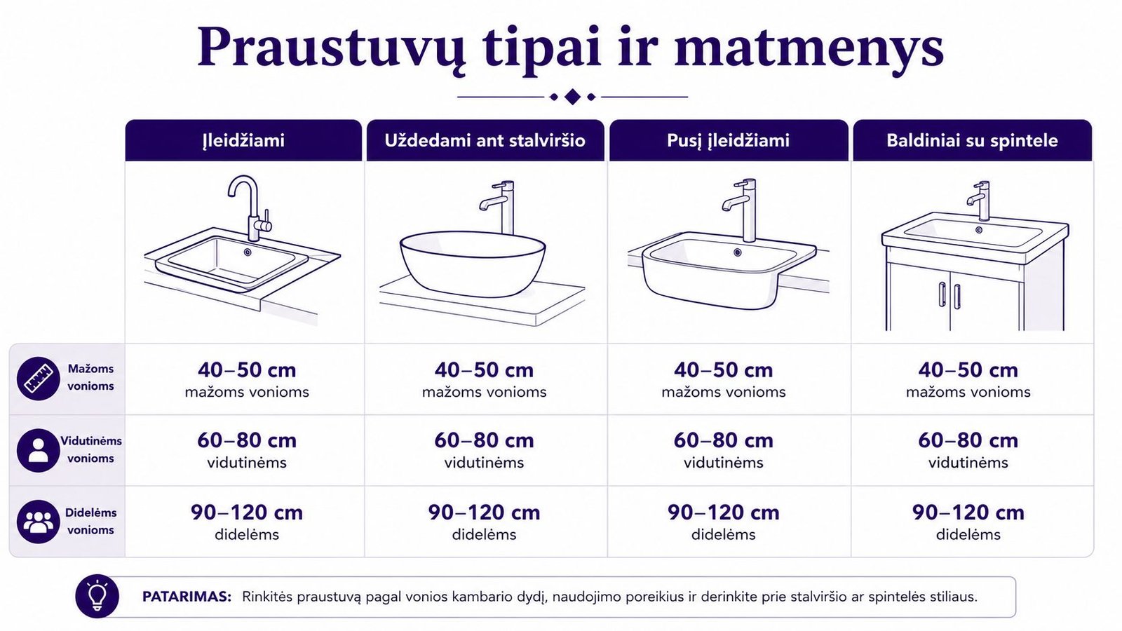 Lentelė su skirtingų tipų vonios praustuvais ir jų rekomenduojamais matmenimis pagal patalpos dydį.