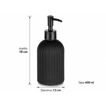 Juodo stiklo dozatorius VILDE matmenys: aukštis 19 cm, skersmuo 7,5 cm, talpa 400 ml