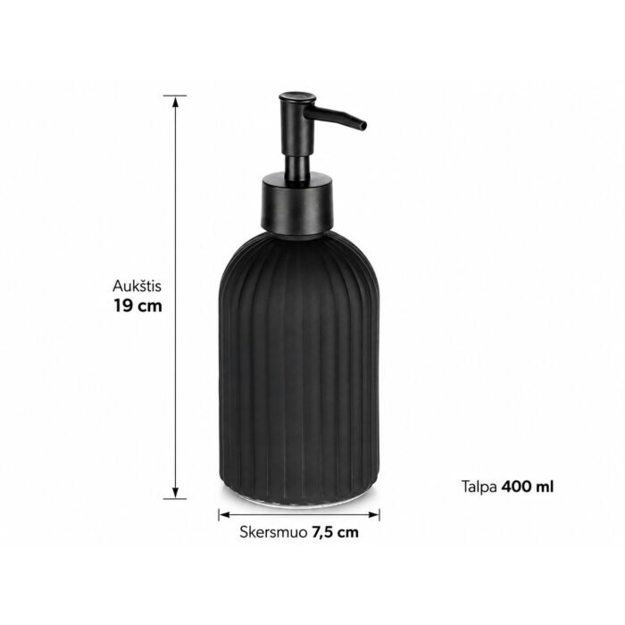 Juodo stiklo dozatorius VILDE matmenys: aukštis 19 cm, skersmuo 7,5 cm, talpa 400 ml