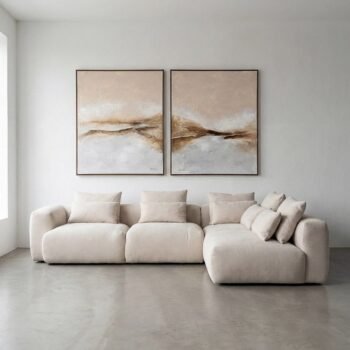 Kampinė sofa su gultu dešinėje, kreminė