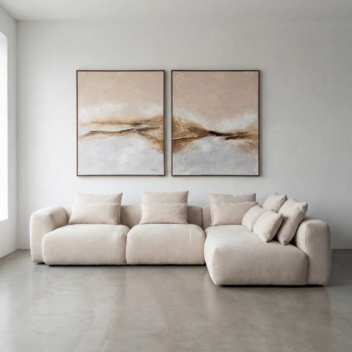 Kampinė sofa su gultu dešinėje, kreminė