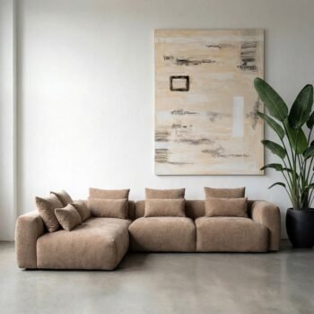 Kampinė sofa su gultu kairėje, smėlio