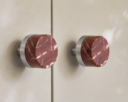 Akmeninės rankenėlės-buželiai NORELA, raudonas Cherry Gold marmuras, šlifuoto plieno pagrindas