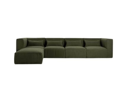 Modulinė sofa HALDEN su 2 kampiniais, 2 viduriniais moduliais ir pufu, 5 dalys, 342 cm — Samanų žalia (bouclé)