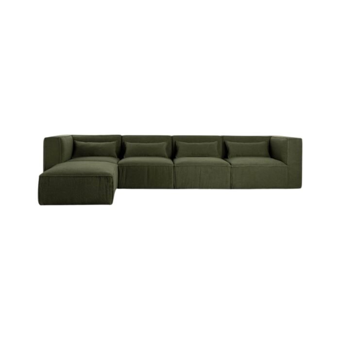 Modulinė sofa HALDEN su 2 kampiniais, 2 viduriniais moduliais ir pufu, 5 dalys, 342 cm — Samanų žalia (bouclé)