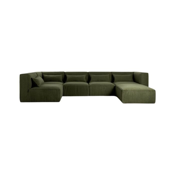 Modulinė sofa HALDEN su 2 kampiniais, 3 viduriniais moduliais ir pufu, 6 dalys, 342 cm — Samanų žalia (bouclé)
