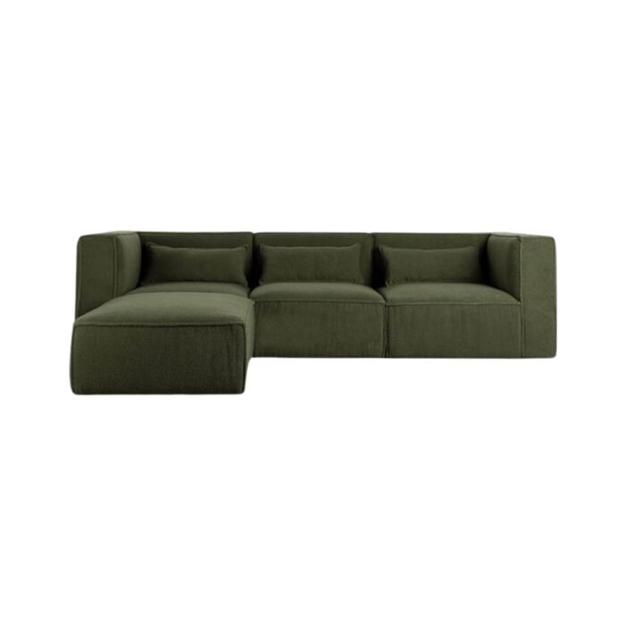 Modulinė sofa HALDEN su 2 kampiniais, viduriniu moduliais ir pufu, 4 dalys, 266 cm — Samanų žalia (bouclé)