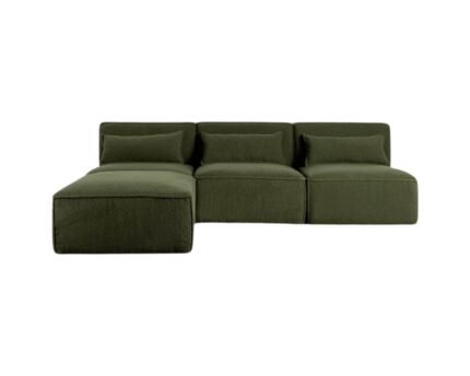 Modulinė sofa HALDEN su 3 viduriniais moduliais ir pufu, 4 dalys, 228 cm — Samanų žalia (bouclé)