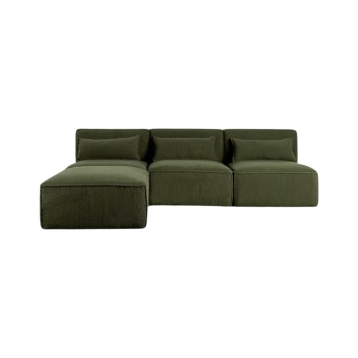 Modulinė sofa HALDEN su 3 viduriniais moduliais ir pufu, 4 dalys, 228 cm — Samanų žalia (bouclé)