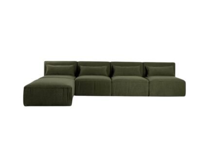Modulinė sofa HALDEN su 4 viduriniais moduliais ir pufu, 5 dalys, 304 cm — Samanų žalia (bouclé)