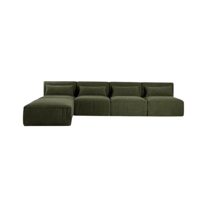 Modulinė sofa HALDEN su 4 viduriniais moduliais ir pufu, 5 dalys, 304 cm — Samanų žalia (bouclé)