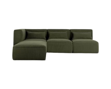 Modulinė sofa HALDEN su kampiniu, 2 viduriniais moduliais ir pufu, 4 dalys, 247 cm — Samanų žalia (bouclé)