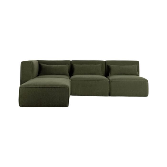 Modulinė sofa HALDEN su kampiniu, 2 viduriniais moduliais ir pufu, 4 dalys, 247 cm — Samanų žalia (bouclé)