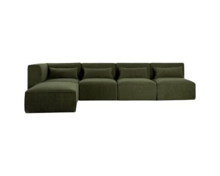 Modulinė sofa HALDEN su kampiniu, 3 viduriniais moduliais ir pufu, 5 dalys, 323 cm — Samanų žalia (bouclé)