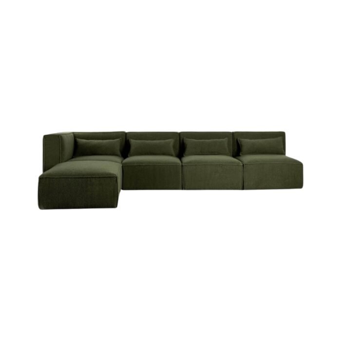 Modulinė sofa HALDEN su kampiniu, 3 viduriniais moduliais ir pufu, 5 dalys, 323 cm — Samanų žalia (bouclé)
