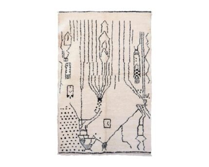 Pure wool Moroccan Berber rug, ivory with black pattern