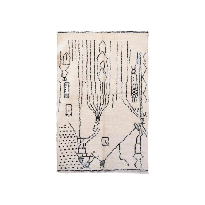 Pure wool Moroccan Berber rug, ivory with black pattern