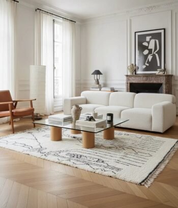 Pure wool Moroccan Berber rug, ivory with black pattern
