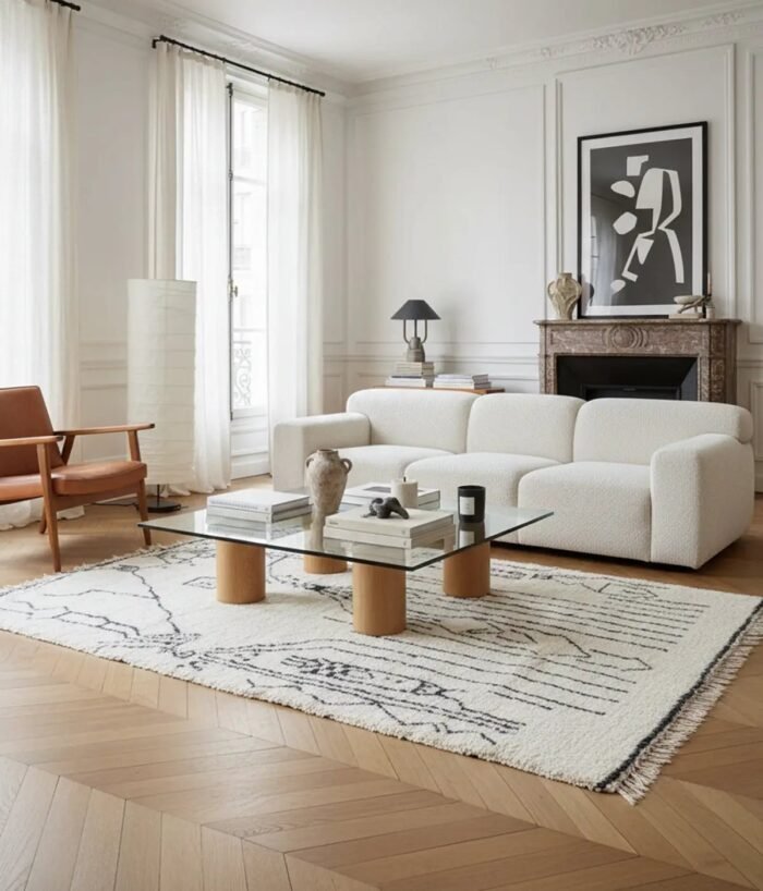 Pure wool Moroccan Berber rug, ivory with black pattern